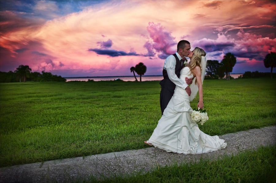 Bride and Groom Florida Sunset Wedding Portrait | Tampa Bay Waterfront Wedding Venue Safety Harbor Resort and Spa