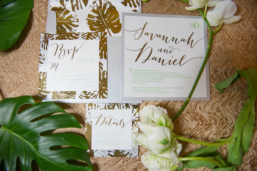 Modern and Elegant Grey and Gold Florida Inspired Palm Leaf Wedding Invitation Suite