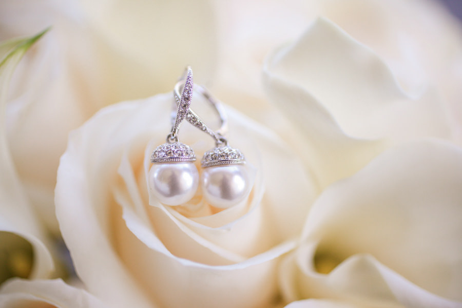 Pearl Drop Bridal Earrings Detail in White Rose