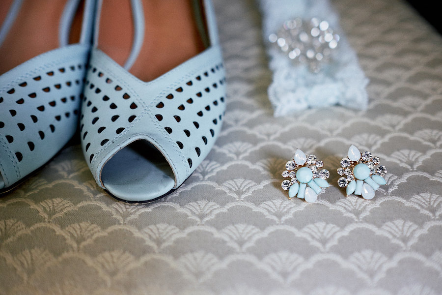 Blue Bridal Earrings, Blue Wedding Heels, and Blue Garter at St. Petersburg Wedding