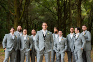 Groom and Groomsmen Wedding Portrait in Grey Suits with Blush Bow Ties| Tampa Wedding Photographer Kera Photography