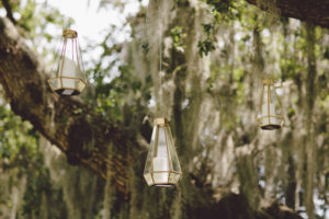 Hanging Candlelights in Spanish Moss Tree | Outdoor Wedding Ceremony Decor