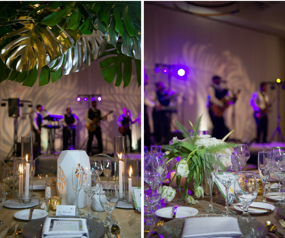 Modern Gold South Beach Inspired Wedding Reception Decor with Ghost Chairs from A Chair Affair, Tall Palm Leaf Centerpieces and Gold Linens from Over the Top Linen Rentals | Clearwater Beach Wedding Venue Wyndham Grand | Wedding Planner Parties a la Carte