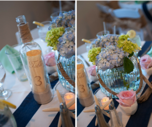 Blue and Green Hydrangea Floral Wedding Centerpieces and Wine Bottle and Cork Table Numbers