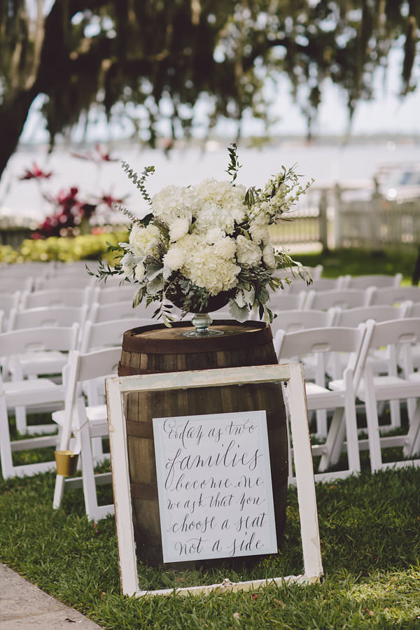 Ivory and Gold Vintage Outdoor Wedding Ceremony Décor Wooden Barrel and Ivory Floral Aisle Décor