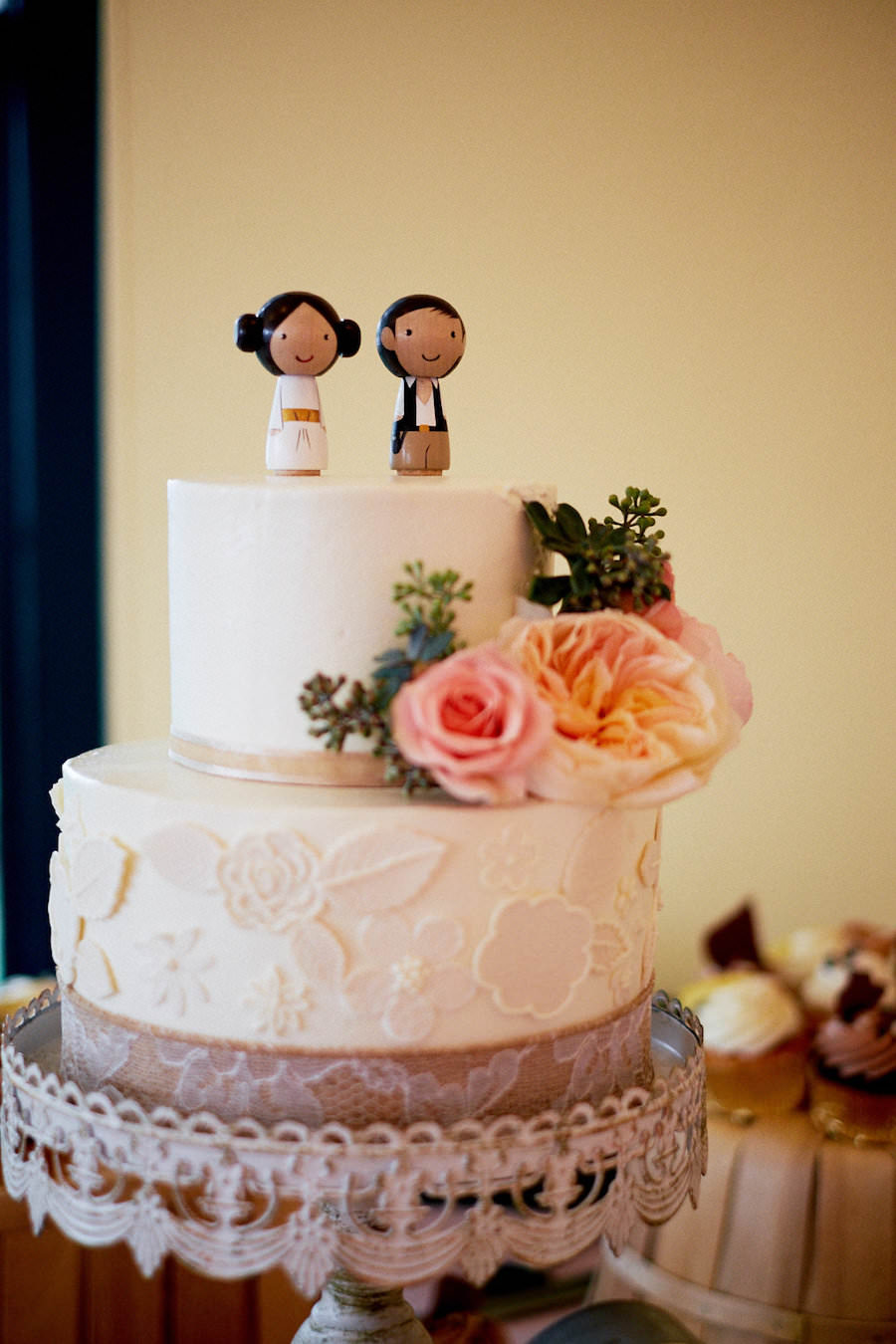 Two Tier, White Wedding Cake with Wooden Star Wars Cake Toppers