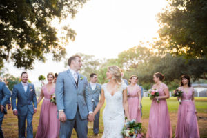 Bride and Groom Outdoor Wedding Portrait with Bridal Party in Blush Pink Dresses and Grey Suits | Tampa Wedding Photographer Kera Photography
