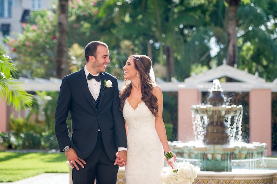 Bride and Groom Outdoor St. Pete Wedding Portrait at Vinoy Renaissance by Fountain | St. Petersburg Wedding Photographer Andi Diamond Photography