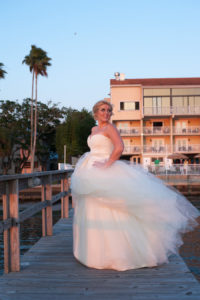 Outdoor, Bridal Wedding Portrait on Dock at Waterfront Dunedin Wedding Venue Beso Del Sol