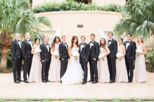Outdoor Bridal Party Wedding Portrait | Champagne Chiffon Watters Wtoo Bridesmaid Dresses and White Sweetheart Trumpet Style Lazaro Wedding Dress with Ivory Wedding Bouquet