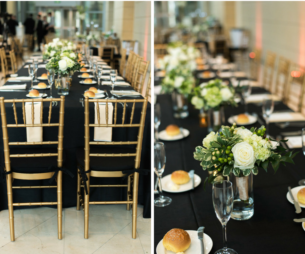 Classic Traditional Black and White Wedding Reception with Black Linens, Gold Chiavari Chairs and Ivory Floral Wedding Centerpieces with Greenery | Modern Downtown St Pete Wedding Venue Museum of Fine Arts | St. Petersburg Wedding Photographer Caroline and Evan Photography