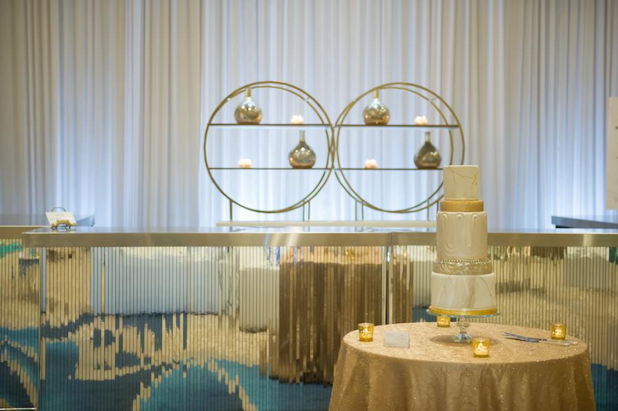 Modern Gold South Beach Inspired Wedding Reception Decor with Great Gatsby Silver Bar and 5-Tier Gold Wedding Cake the Artistic Whisk | Clearwater Beach Wedding Venue Wyndham Grand | Wedding Planner Parties a la Carte