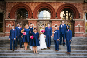 blue suits and blue bridesmaid dresses