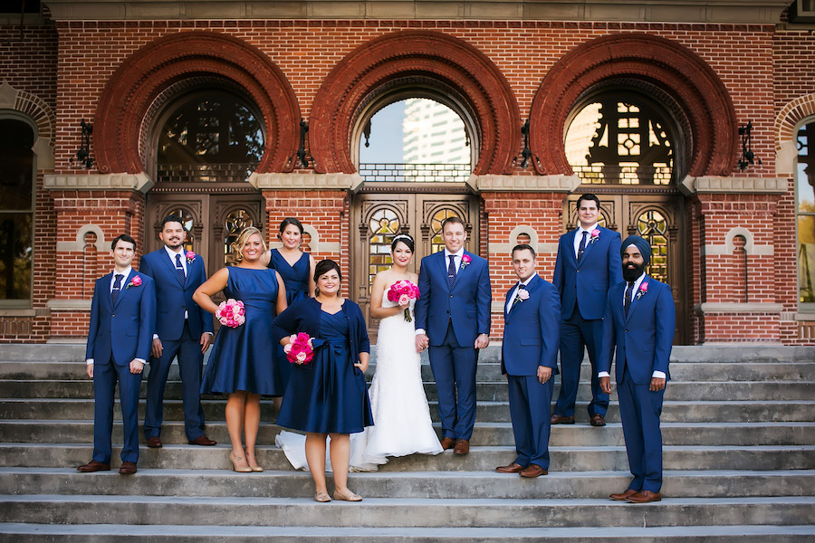 navy blue and pink bridesmaid dresses