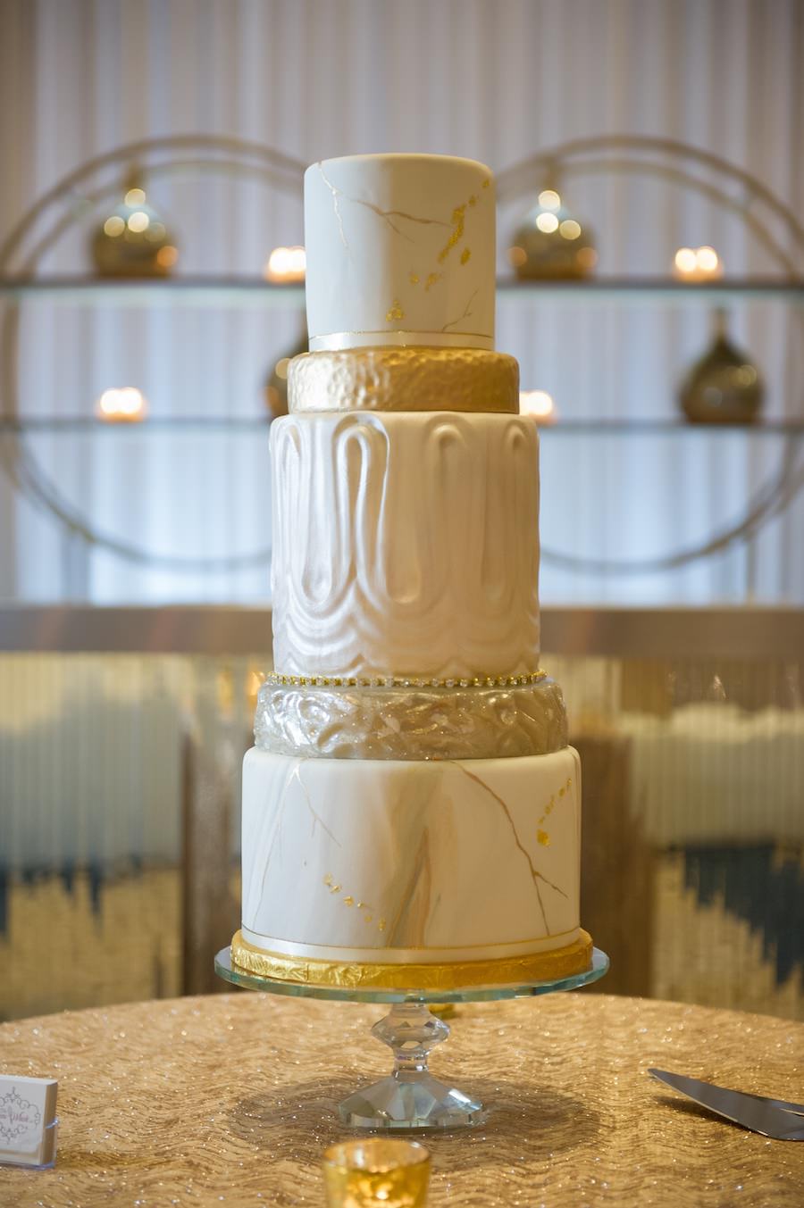 Modern Gold South Beach Inspired Wedding Reception Decor with Great Gatsby Silver Bar and 5-Tier Gold Wedding Cake the Artistic Whisk | Clearwater Beach Wedding Venue Wyndham Grand | Wedding Planner Parties a la Carte