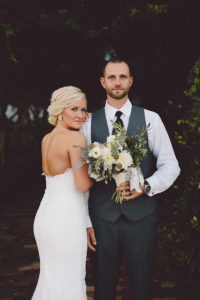 Bride and Groom Wedding Portrait with Ivory, Cream and Grey Wedding Bouquet