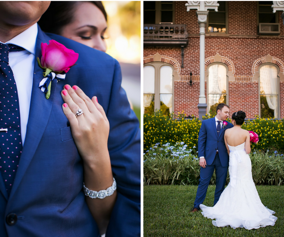 Navy Blue Groom Suit with Pink Boutonniere Flower | Bride and Groom Wedding Portrait | Tampa Wedding Photographer Limelight Photography