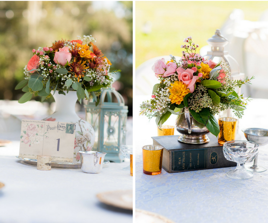 Eclectic, Vintage Shabby Chic Centerpieces with Bohemian Floral Arrangement and Tea Light Candles with Vintage Postcards
