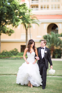 Bride and Groom Wedding Day Portrait with Strapless Sweetheart Lazaro Wedding Gown