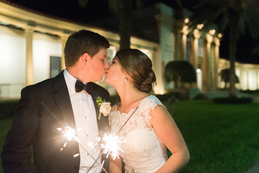 Bride and Groom Wedding Reception Exit with Sparklers at Museum of Fine Arts St Petersburg FL Wedding Venue | Photography by Caroline and Evan Photography | Wedding Hair and Makeup Michele Renee The Studio
