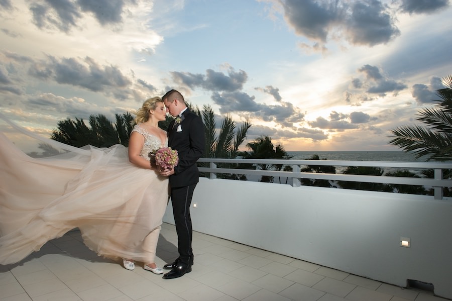 Bride and Groom Sunset Wedding Portrait | Clearwater Beach Wedding Venue Wyndham Grand | Andi Diamond Photography | Isabel O'Neil Bridal Blush Pink Wedding Dress