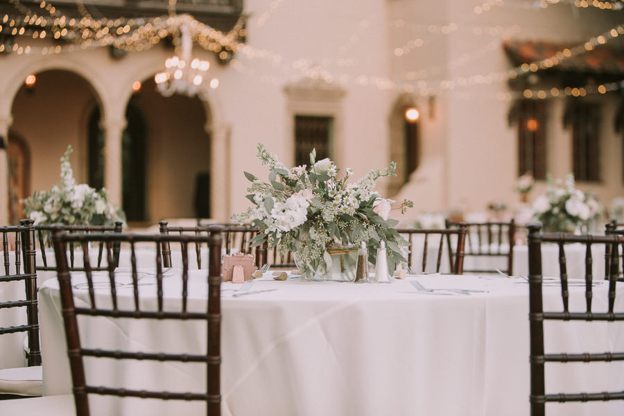 Romantic Wedding Reception with Blush and Sage Floral Centerpieces with Greenery, Twinkle String Lights and Espresso Chiavari Chairs | Waterfront Sarasota Wedding Venue Powel Crosley Estate