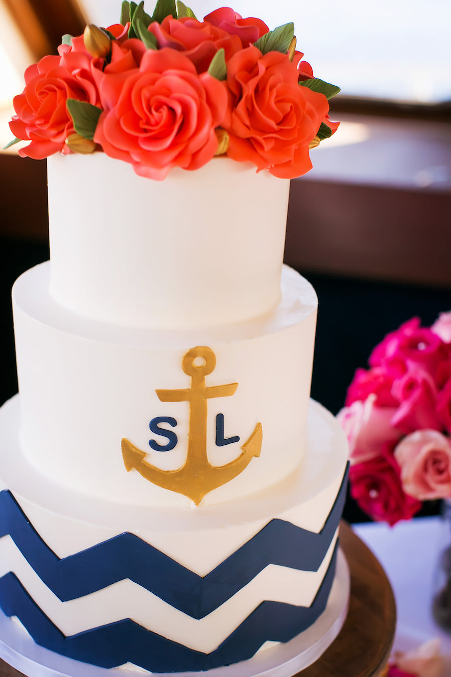 Nautical Anchor Wedding Cake with Bride and Groom Initials and Monogram | Tampa Wedding Bakery Hands on Sweets | Navy Blue and White Wedding Decor Inspiration