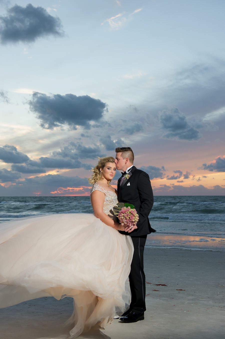 Bride and Groom Sunset Wedding Portrait | Clearwater Beach Wedding Venue Wyndham Grand | Andi Diamond Photography | Isabel O'Neil Bridal Blush Pink Wedding Dress