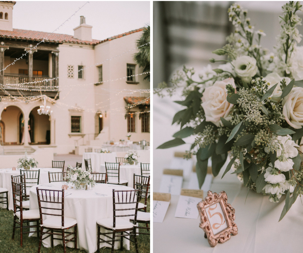 Romantic, Elegant Inspired Outdoor Wedding Reception with Blush and Sage Centerpieces with Greenery, Twinkle String Lights and Espresso Chiavari Chairs | Waterfront Sarasota Wedding Venue Powel Crosley Estate