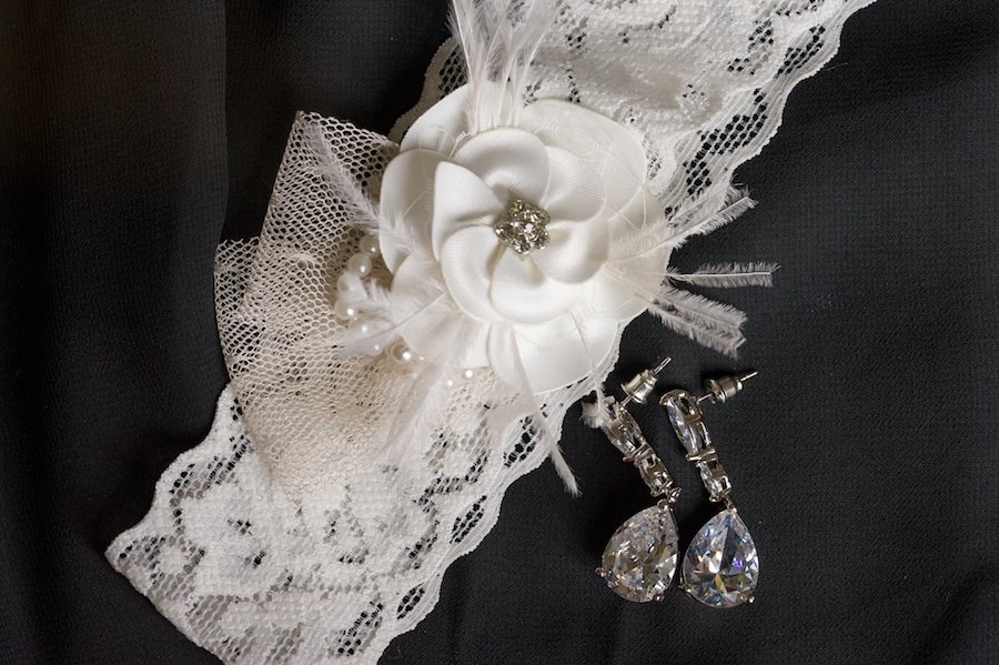 Bridal Jewelry: Diamond Earrings and White Lace Garter with Bow