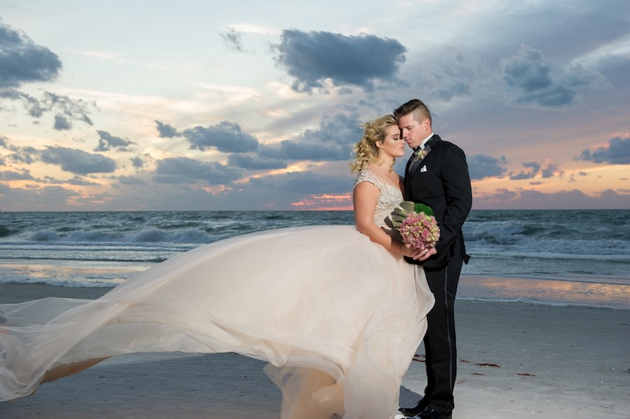 Bride and Groom Sunset Wedding Portrait | Clearwater Beach Wedding Venue Wyndham Grand | Andi Diamond Photography | Isabel O'Neil Bridal Blush Pink Wedding Dress