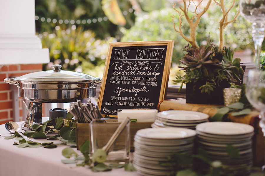 Wedding Buffet Line with Vintage Style Décor and Chalkboard Menu Sign | Sarasota Wedding Wedding Caterer Olympia Catering