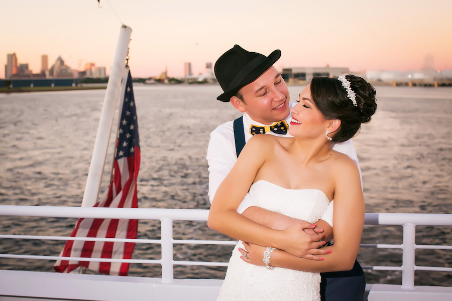 Bride and Groom Sunset Wedding Portrait | Tampa Wedding Photographer Limelight Photography | Waterfront Downtown Tampa Wedding Venue Yacht StarShip