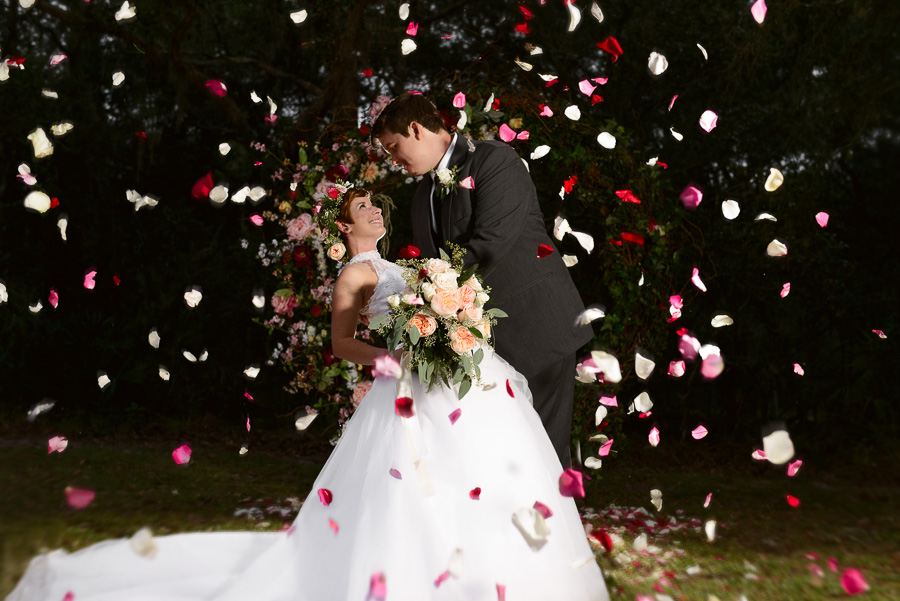 Outdoor, Nighttime, Bride and Groom Wedding Portrait with Rose Petals at Spring Hill Wedding