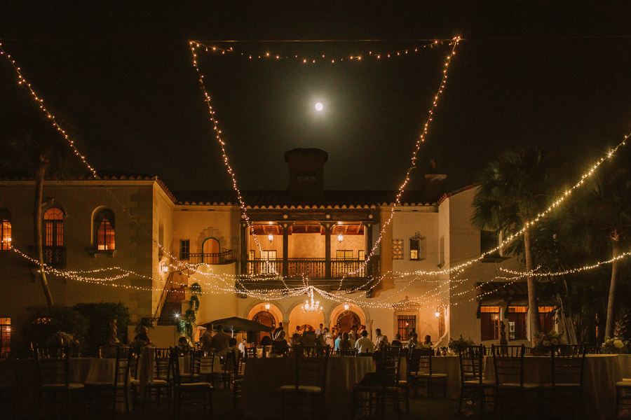 Outdoor Nighttime Wedding Reception with String Market Lighting | Waterfront Sarasota Wedding Venue Powel Crosley Estate