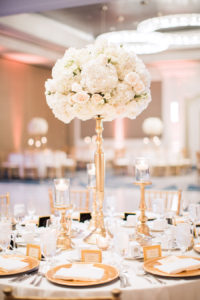 Tall Ivory Rose and Hydrangea Wedding Centerpiece Flowers on Gold Candelabra | Elegant Wedding Reception Decor Inspiration