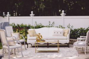 Classic Ivory Vintage Sofa, Chairs and Gold Cushions for Wedding Reception | Sarasota Wedding Furniture Rental Reserve Vintage Rentals