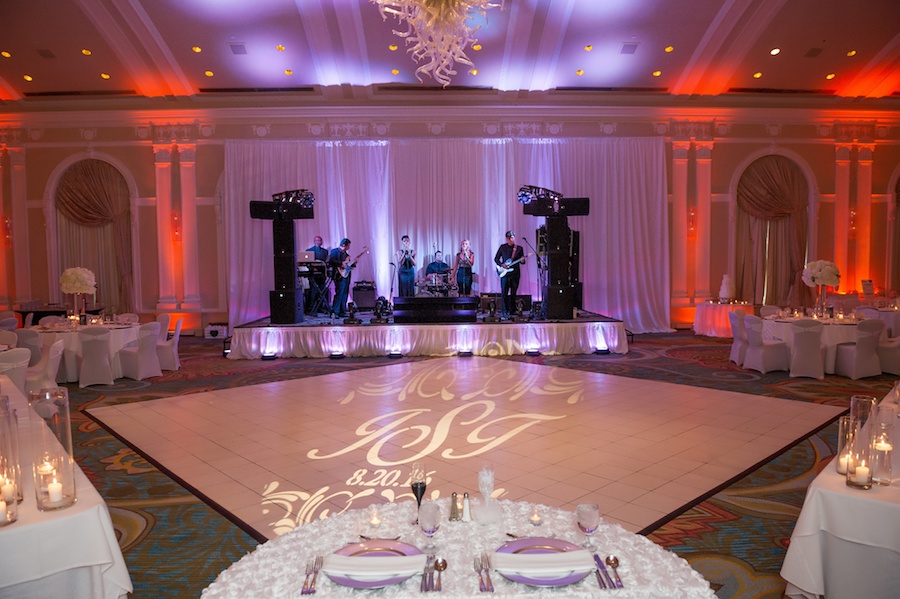 Elegant and Modern White Wedding Reception Decor Featuring Live Band and Dance Floor GOBO Light at Vinoy Renaissance Hotel | St Pete Wedding Venue Vinoy Renaissance Hotel