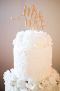 Ivory Cake Topper with Floral Monochromatic Detail Pattern and Gold Mr. and Mrs. Cake Topper