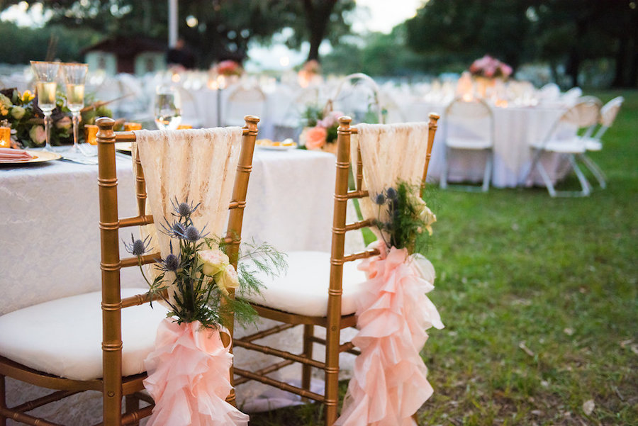 Eclectic, Vintage Shabby Chic Sweetheart Gold Chiavari Chairs with Lace Overlay and Bohemian Purple Flowers