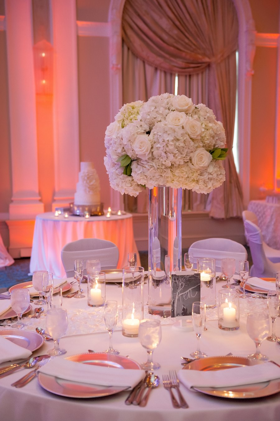 Elegant and Modern White Wedding Reception Decor Featuring White Hydrangea with White Rose Centerpieces at Vinoy Renaissance Hotel | St Pete Wedding Venue Vinoy Renaissance Hotel