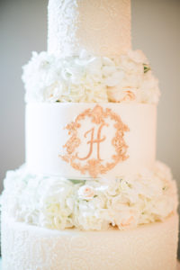 Traditional Three Tier Round White Wedding Cake with Ivory Roses and Hydrangea and Elegant Gold Monogram