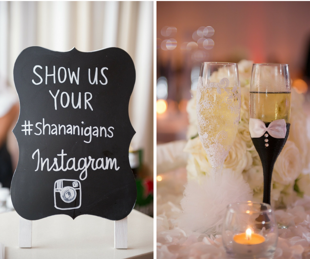 Custom Instagram Hashtag for Wedding with Bride and Groom Champagne Glasses