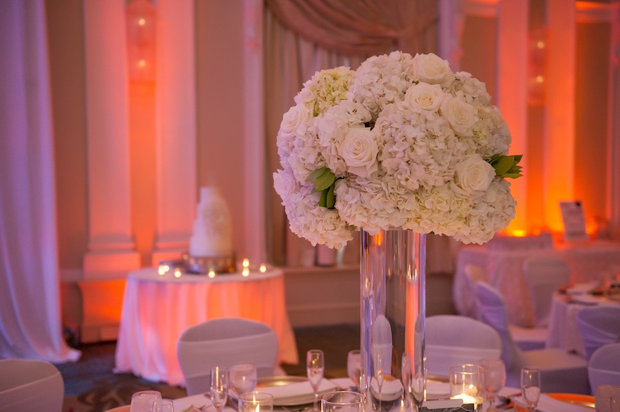 Elegant and Modern White Wedding Reception Decor Featuring White Hydrangea with White Rose Centerpieces at Vinoy Renaissance Hotel | St Pete Wedding Venue Vinoy Renaissance Hotel