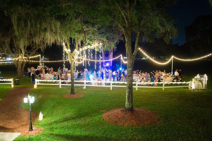 Outdoor Florida Wedding Reception under Spanish Moss covered Oak Tree with Twinkle Lights | Outdoor Private Estate Wedding Venue in Brandon Florida |Tampa Bay Florida Wedding Venue Casa Lantana