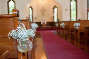 Baby's Breath Floral Pew Florals at Church Wedding Ceremony