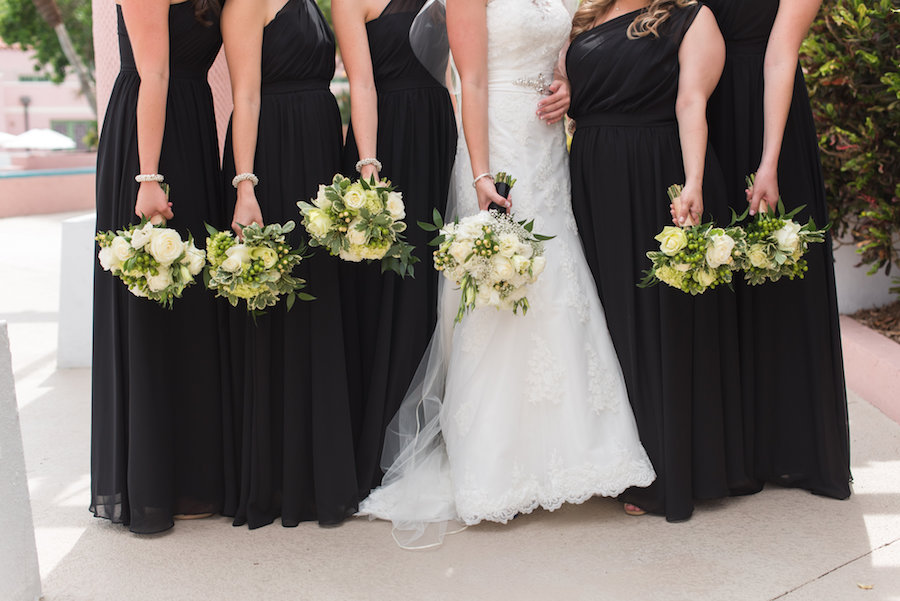 Outdoor Bridal Party Wedding Portrait at The Museum of Fine Arts | Black Bridesmaid Wedding Dresses with Cap Sleeve Lace Alfred Angelo Wedding Dress and Ivory Wedding Bouquet | Photography by Caroline and Evan Photography
