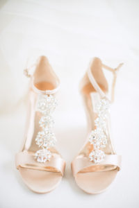 Badgley Mischka Leigh Embellished T Strap High Heel Sandals | Champagne Satin Jeweled Wedding Shoe
