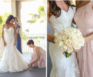 Bride Getting Dressed in Strapless, Ivory, Beaded Wedding Dress with Ivory Bouquet of Roses