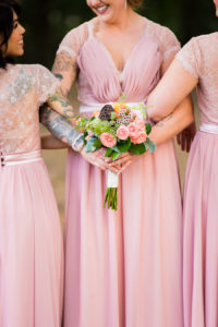 Blush Pink Bridesmaids Dress with Lace Open Back Design with Pink and Green Bouquet | Tampa Wedding Photographer Kera Photography